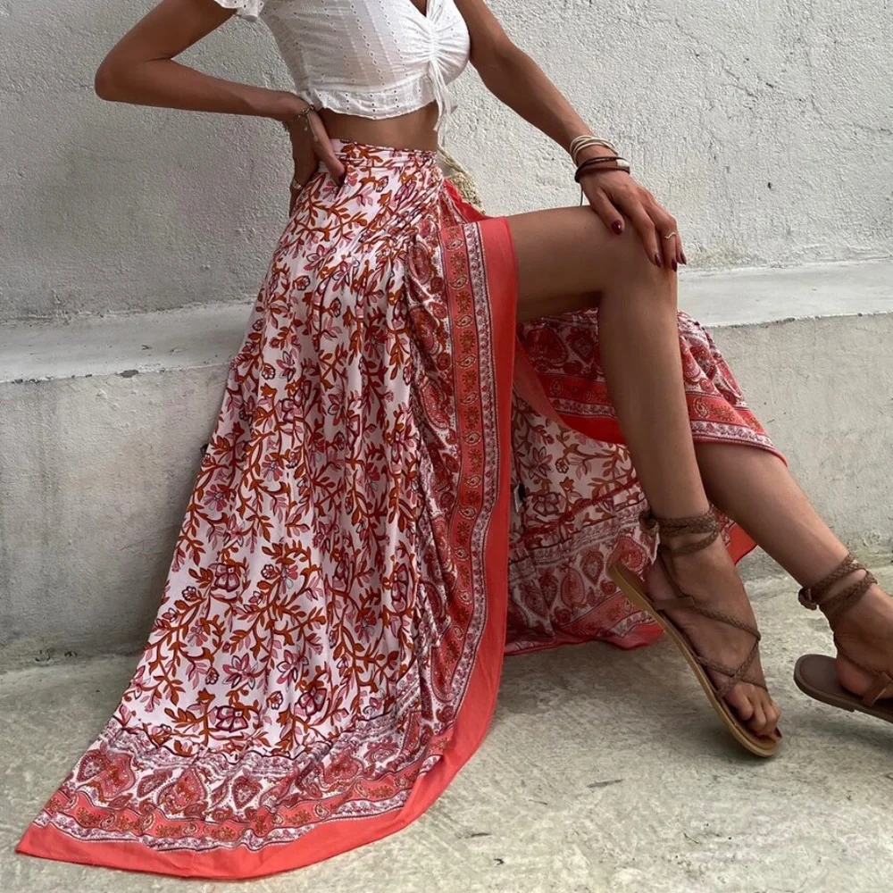 Boho Blue Floral Print Ruffle Wrap maxi Skirt - Picture 3 of 10